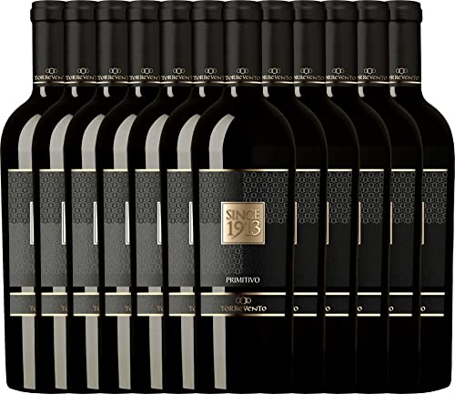 VINELLO 12er Weinpaket Primitivo - Since 1913 Primitivo Puglia IGT 2019 - Torrevento mit einem VINELLO.weinausgießer | 12 x 0,75 Liter von Torrevento