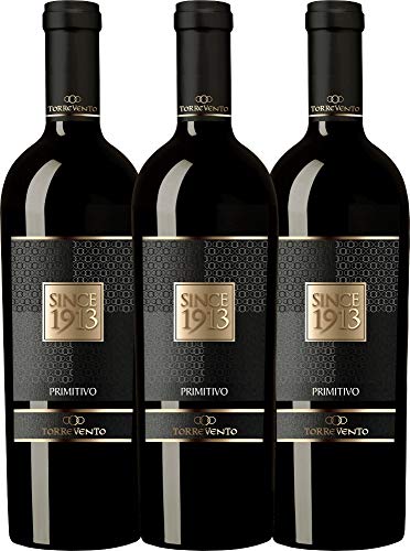 VINELLO 3er Weinpaket Primitivo - Since 1913 Primitivo Puglia IGT 2016 - Torrevento mit einem VINELLO.weinausgießer | trockener Rotwein | italienischer Rotwein aus Apulien | 3 x 0,75 Liter von Torrevento