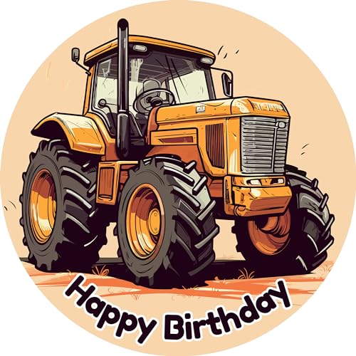 Tortenbild 20cm Happy "Birthday Traktor Gelb" - essbarer Tortenaufleger rund aus Premium-Dekor-Papier von Tortenbild
