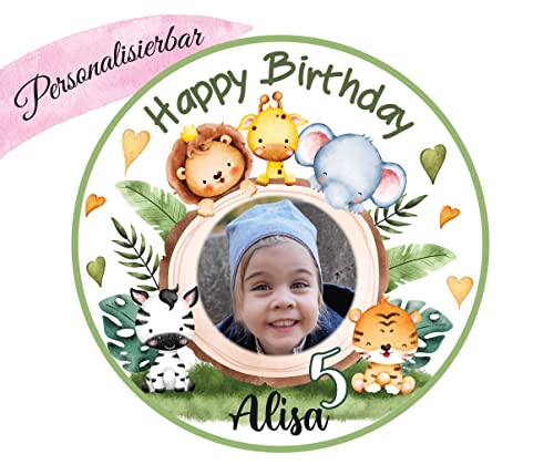 Tortenaufleger Geburtstag Kind Zuckerbild Mädchen Junge SAFARI mit FOTO (Fondantpapier, Dekorpapier Plus oder Oblate - Geschnitten) von Tortenpixel
