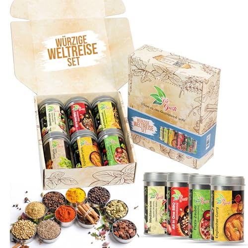 TreGusti 6er Gewürze Geschenkbox | Besonderes Geschenk für Mutter- Vatertag | Ideal als Geschenkidee für Mann & Frau | Gewürzmischungen aus aller Welt Set | Exotische Weltreise | XXL - 800g von TreGusti