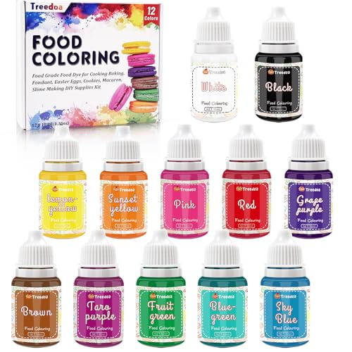 Lebensmittelfarbe Flüssige, 12 Farben x 10ml Lebensmittel Farben Set, Lebensmittelfarbe zum Backen von Kuchen, Decor, Lebensmittelqualität für Fondant Macaron Zuckerguss DIY Seifen Schleimherstellung von Treedoa