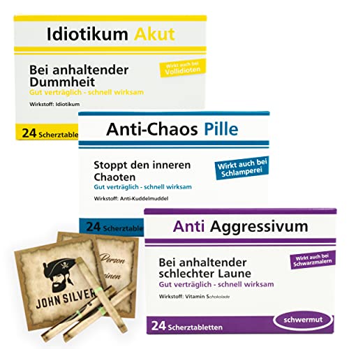 Scherztabletten im 3er Set, Tabletten als Geburtstagsgeschenk. Idiotikum Akut, Anti Chaos, Anti Aggressivum. Spaß, gute Laune, Mann und Frau. Erfurth Fun® Schoko Drops von ERFURTH FUN