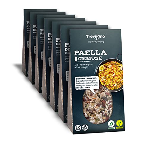 Trevijano Paella 6 Gemüse: 7 Beutel à 280g. Enthält 2 Portionen Gemüsepaella, die ausschließlich aus Reis, roter Paprika, grüner Paprika, Zucchini, Knoblauch, Safran, Pilzen und Ñora-Paprika bestehen. von Trevijano