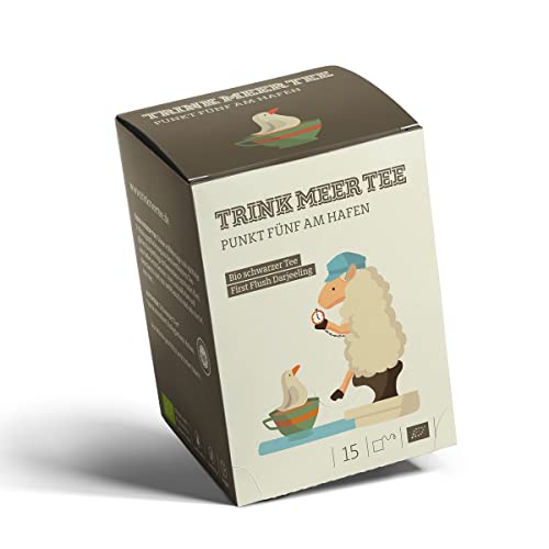 Trink Meer Tee PUNKT 5 AM HAFEN - Bio Schwarzer Tee | hocharomatisch | Darjeeling Bio Tee | First Flush Darjeeling | Schwarztee | Biotee in handgenähten Teebeuteln I 15 x 3g = 45g von TRINK MEER TEE