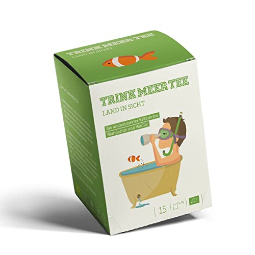 Trink Meer Tee LAND IN SICHT - Bio Früchte-Kräutertee | hocharomatisch | Mandarine und Vanille Geschmack | Biotee in handgenähten Teebeuteln I 15 x 3,5g = 52,5g von TRINK MEER TEE