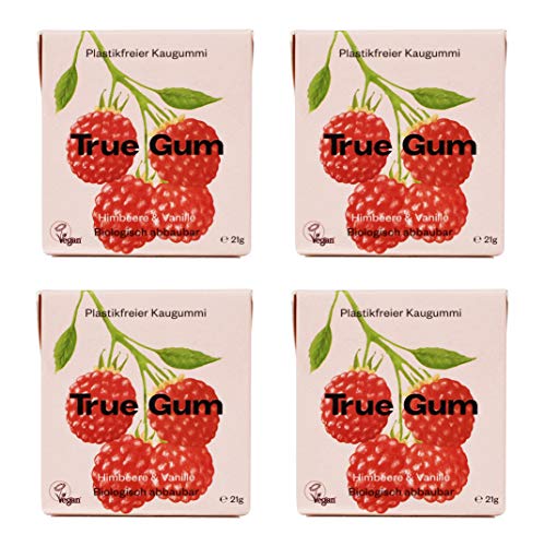 True Gum 4er SET: Himbeere & Vanille | Plastikfreier Kaugummi | Biologisch Abbaubar | Vegan | 4 x 21g, 84g von True Gum