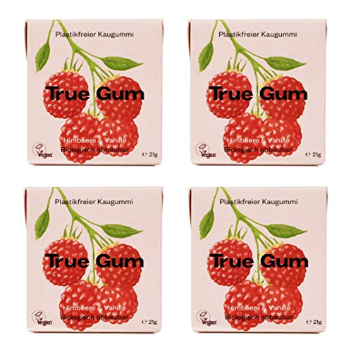 True Gum 4er SET: HIMBEERE & VANILLE | Plastikfreier Kaugummi | Biologisch Abbaubar | Vegan | 4 x 21 g, 84 g von True Gum