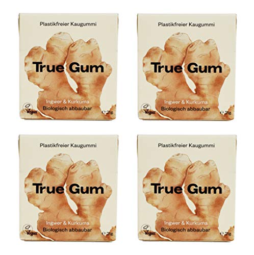 True Gum 4er SET: INGWER & KURKUMA / Plastikfreier Kaugummi / Biologisch Abbaubar / Vegan / 4 x 21 g, 84 g von True Gum