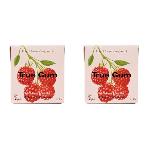 True Gum Himbeere & Vanille | Plastikfreier Kaugummi | Biologisch Abbaubar | Vegan | 21 g (Packung mit 2) von True Gum