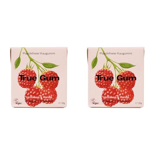 True Gum Himbeere & Vanille | Plastikfreier Kaugummi | Biologisch Abbaubar | Vegan | 21 g (Packung mit 2) von True Gum