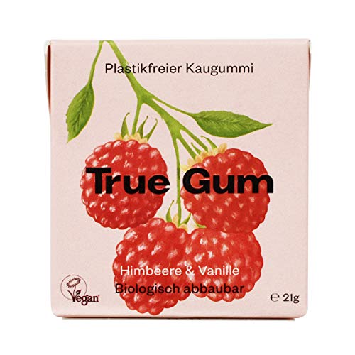 True Gum, Plastikfreier Kaugummi, Himbeere & Vanille, Vegan, 21 g von True Gum