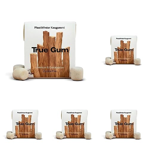 True Gum - Lakritze & Eukalyptus | Plastikfreier Kaugummi | Biologisch Abbaubar | Vegan | 21 g (Packung mit 5) von True Gum