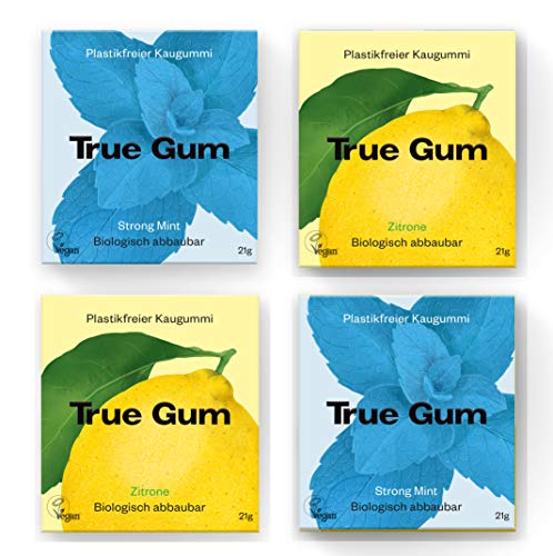 True Gum, 2 Plastikfreier Kaugummi Biologisch Abbaubar Vegan 2x pro Sorte Zitrone Strong Mint 84 g, Probierset neue Sorten, 1 stück von True Gum