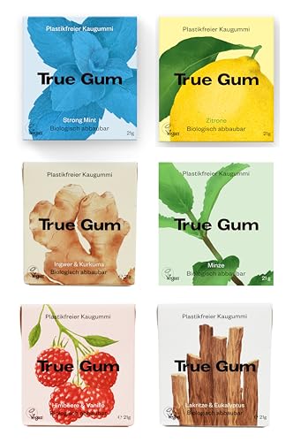 True Gum, Plastikfreier Kaugummi Biologisch Abbaubar Vegan 1x pro Sorte Ingwer Kurkuma Minze Lakritze Eukalyptus Himbeere Vanille Zitrone Strong Mint 126 g, Probierset 6 Sorten, 1 stück von True Gum