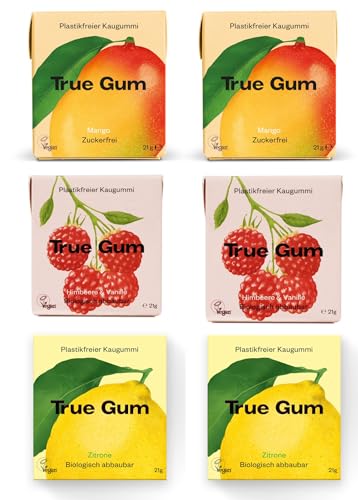 True Gum PROBIERSET FRUCHTIG - 3 Sorten | Plastikfreier Kaugummi | Biologisch Abbaubar | Vegan | (2x pro Sorte: Mango, Himbeere & Vanille, Zitrone) | 6 x 21g, 126 g von True Gum