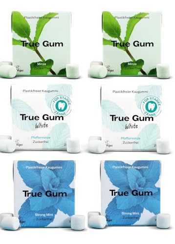 True Gum PROBIERSET MINZE - 3 Sorten | Plastikfreier Kaugummi | Biologisch Abbaubar | Vegan | (2x pro Sorte: Minze, Strong Mint, White) | 6 x 21g, 126 g von True Gum