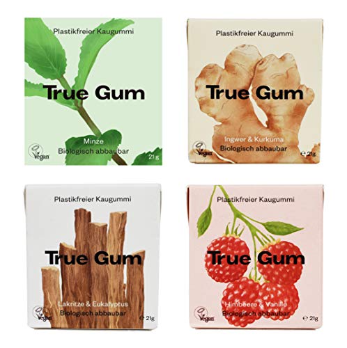 True Gum Probierset 4 Sorten | Plastikfreier Kaugummi | Biologisch Abbaubar | Vegan | 21 g (1x pro Sorte: Ingwer & Kurkuma, Minze, Lakritze & Eukalyptus, Himbeere & Vanille), 21g (4er Pack) von True Gum