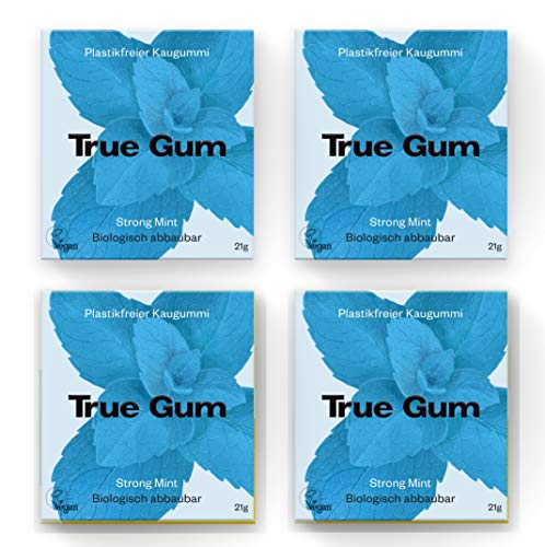 True Gum True Gum 4er SET STRONG MINT | Plastikfreier Kaugummi | Biologisch Abbaubar | Vegan | 4 x 21g, 84 g von True Gum