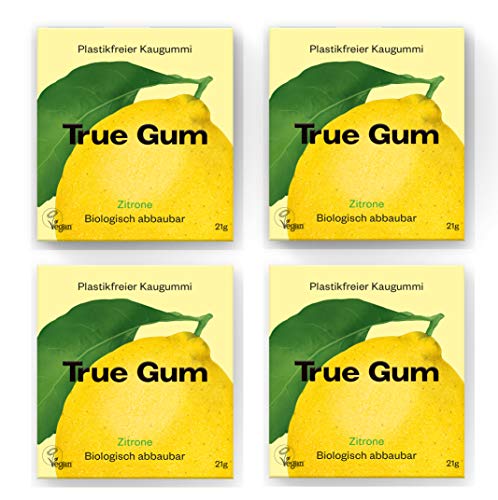 True Gum 4er SET: ZITRONE/Plastikfreier Kaugummi/Biologisch Abbaubar/Vegan / 4 x 21 g, 84 g von True Gum