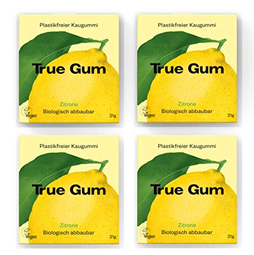 True Gum 4er SET: ZITRONE | Plastikfreier Kaugummi | Biologisch Abbaubar | Vegan | 4 x 21 g, 84 g von True Gum