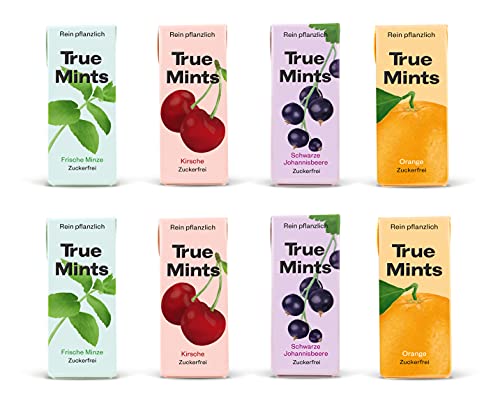 True Gum True Mints - 8er SET / PROBIERSET / 2x Frische Minze / 2x Schwarze Johanisbeere / 2x Kirsche / 2x Orange - pflanzliche und zuckerfreie Pastillen, 8 x 13g von True Gum