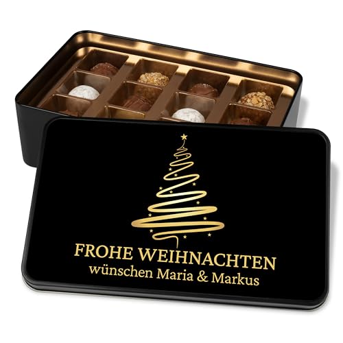 Elegante Pralinendose personalisiert „FROHE WEIHNACHTEN“ mit Weihnachtsbaum-Motiv - 12 Confiserie-Pralinen in Metalldose – Schoko Weihnachtskarte - Geschenk zum Weihnachtsfest von True Statements