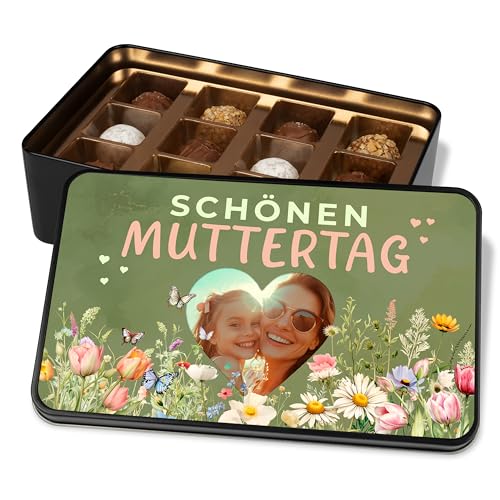 Foto-Geschenk zum Muttertag: Pralinendose „Schönen Muttertag – Blumenwiese“– mit Bild personalisiert – Metalldose mit 12 Pralinen – Schokolade Geschenkidee Muttertagsgeschenk von True Statements