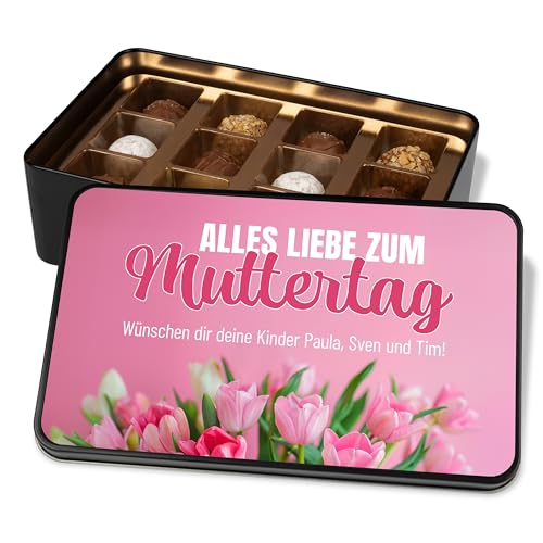Geschenk für Mama: Pralinendose personalisiert „Alles Liebe zum Muttertag - Tulpen“ – Metalldose mit 12 Pralinen – Schokolade Geschenkidee Muttertagsgeschenk für Mutter von True Statements