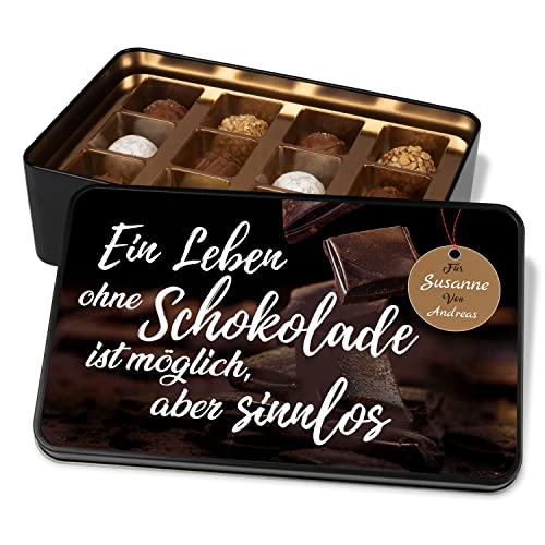 Geschenk für Schokoladen-Liebhaber: Pralinendose personalisiert „Ein Leben ohne Schokolade“ - Metalldose mit 12 Confiserie-Pralinen – Geschenkideen für Valentinstag, Geburtstag von True Statements