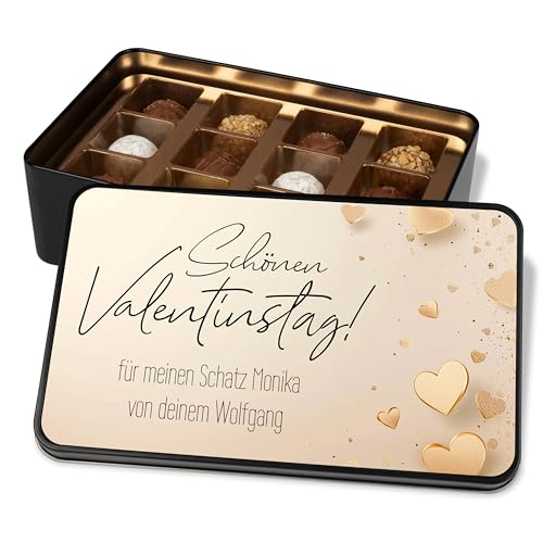 Geschenk zu Valentine’s day: Schokolade Geschenkdose personalisiert „Schönen Valentinstag!“ – goldene Herzen - Metalldose mit 12 Confiserie-Pralinen Liebesgeschenk von True Statements