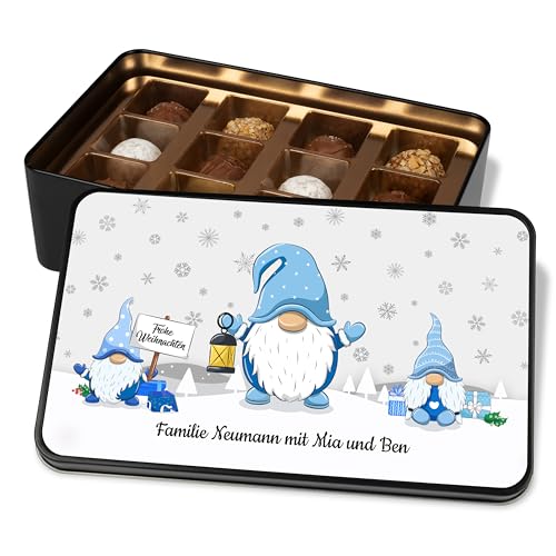 Geschenk zu Weihnachten: Pralinendose personalisiert „Frohe Weihnachten“ mit Wichtel-Motiv (blau) - 12 Confiserie-Pralinen in Geschenkdose – Schokolade Geschenkidee von True Statements