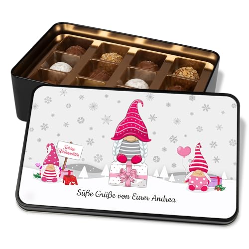 Geschenk zu Weihnachten: Pralinendose personalisiert „Schöne Weihnachten“ mit Wichtel-Motiv (rosa) - 12 Confiserie-Pralinen in Geschenkdose Schokolade Geschenkidee von True Statements