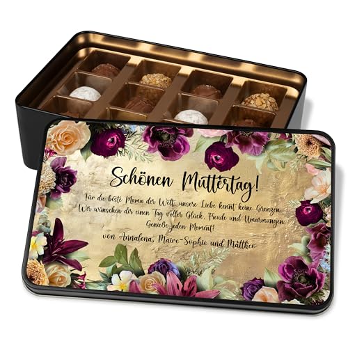 Geschenk zum Muttertag: Pralinendose personalisiert „Schönen Muttertag – Blumen“– mit Wunschtext – Metalldose mit 12 Pralinen – Schokolade Geschenkidee Muttertagsgeschenk von True Statements