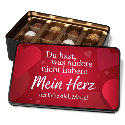 Geschenk zum Valentinstag für sie & ihn: Schoko Geschenkdose personalisiert „Du hast Mein Herz“ – Metalldose mit 12 Confiserie-Pralinen Valentine’s Day Liebesgeschenk von True Statements