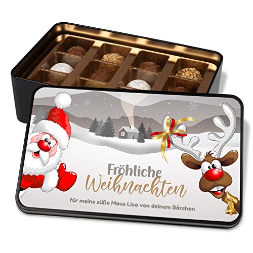 Geschenke zu Weihnachten: Pralinendose personalisiert „Fröhliche Weihnachten“ - Metalldose mit 12 Confiserie-Pralinen - Geschenkideen für Frauen & Männer (Santa) von True Statements