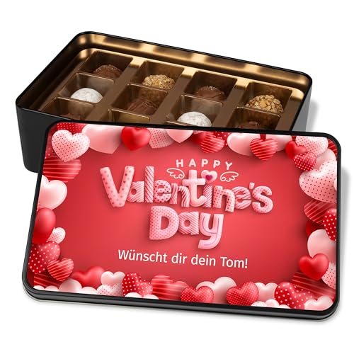 Geschenke zum Valentinstag: Geschenkdose personalisiert „Happy Valentine’s Day“ – Metalldose mit 12 Confiserie-Pralinen von True Statements