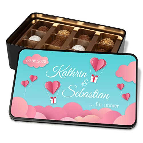 Jahrestag Geschenk für sie & ihn: Personalisierte Pralinendose mit Datum & Namen „Für immer“ - Metalldose mit 12 Schokopralinen – Liebesgeschenk Valentinstag Hochzeitstag von True Statements