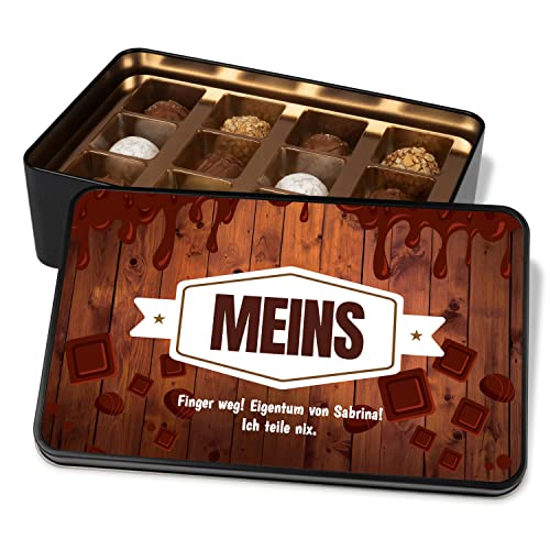 Lustige Pralinendose personalisiert mit Wunschtext „Meins“ – Schokoladen-Geschenkidee – Metalldose mit 12 Pralinen – witzige Geschenke für Freunde und Kollegen (Meins) von True Statements