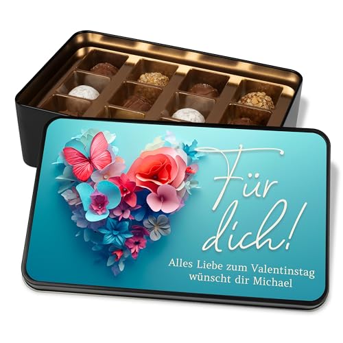 Personalisierte Geschenkdose „Für dich!“ mit Blumenherz-Motiv und 12 Confiserie-Pralinen – Geschenk Valentinstag Geburtstag Dankeschön (Blau) von True Statements