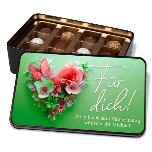 Personalisierte Geschenkdose „Für dich!“ mit Blumenherz-Motiv und 12 Confiserie-Pralinen – Geschenk Valentinstag Geburtstag Dankeschön (Grün) von True Statements