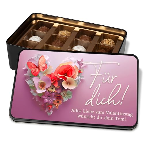 Personalisierte Geschenkdose „Für dich!“ mit Blumenherz-Motiv und 12 Confiserie-Pralinen – Geschenk Valentinstag Geburtstag Dankeschön (Rosa) von True Statements