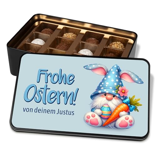 Personalisierte Schokolade - Geschenkdose „Frohe Ostern“ - Ostergeschenk mit Name/Wunschtext – Ostergrüße - Oster-Wichtel Blau – Geschenkbox mit 12 Confiserie-Pralinen von True Statements