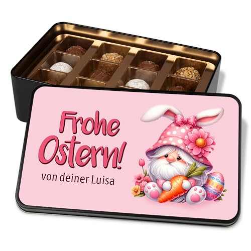 Personalisierte Schokolade - Geschenkdose „Frohe Ostern“ - Ostergeschenk mit Name/Wunschtext – Ostergrüße - Oster-Wichtel Rosa – Geschenkbox mit 12 Confiserie-Pralinen von True Statements