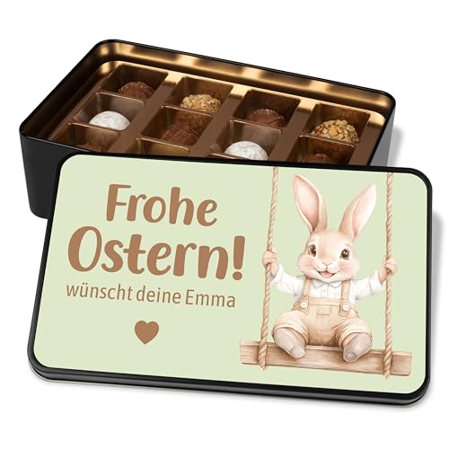 Personalisierte Schokolade - Geschenkdose „Frohe Ostern“ - Ostergeschenk mit Name/Wunschtext – Ostergrüße - Osterhase auf Schaukel – Geschenkbox mit 12 Confiserie-Pralinen von True Statements