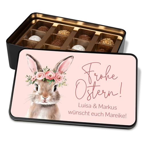 Personalisierte Schokolade - Geschenkdose „Frohe Ostern“ - Ostergeschenk mit Name/Wunschtext – Ostergrüße - Osterhase mit Blumenkranz – Geschenkbox mit 12 Confiserie-Pralinen von True Statements
