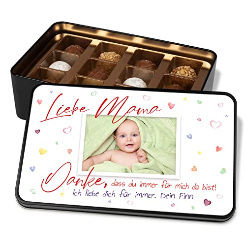 Pralinendose personalisiert mit Foto & eigener Widmung „Liebe Mama – Danke“ – Metalldose mit 12 Pralinen – Schokolade Geschenk Mutter Geburtstag Muttertag Weihnachten von True Statements