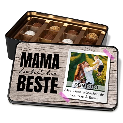 Pralinendose für Mama personalisiert mit Foto & eigener Widmung „Mama du bist die Beste“ – Metalldose mit 12 Pralinen – Schokolade Geschenk - Geschenkidee für Mutter zum Geburtstag & Muttertag von True Statements