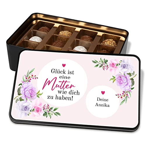 Pralinendose personalisiert mit Namen „Glück ist eine Mutter wie dich zu haben!“ – Schokolade Geschenk – Metalldose mit 12 Confiserie-Pralinen – Geschenkidee Geburtstag Muttertag von True Statements