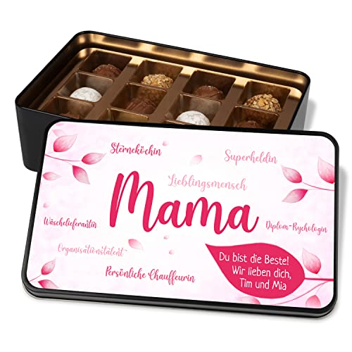 Pralinendose für Mama personalisiert mit Namen oder Wunschtext „Mama“ – Metalldose mit 12 Confiserie-Pralinen - Schokolade Geschenk zum Muttertag, Geschenk für Mutter zum Geburtstag & Weihnachten von True Statements